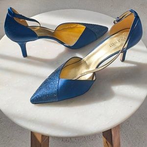 Nine West beaded satin navy cobalt blue pointed toe heel
